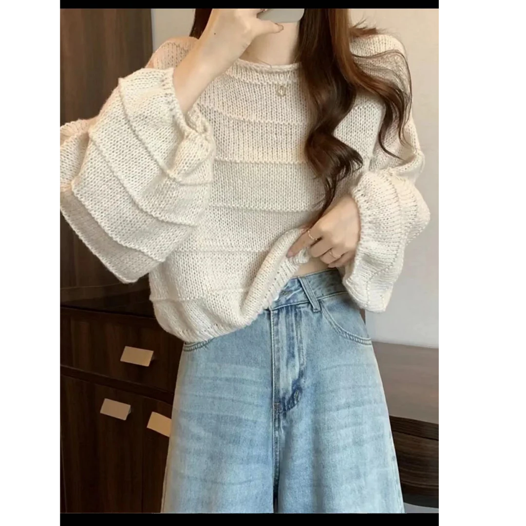 直播福利～～一字领毛衣灯笼袖针织衫慵懒风长袖上衣短款镂空