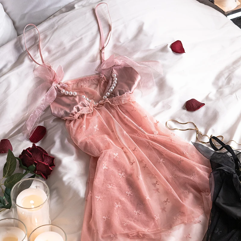 语萱娜【90-210】大码女士性感新款法式显瘦连衣裙睡裙1件AXSQ007