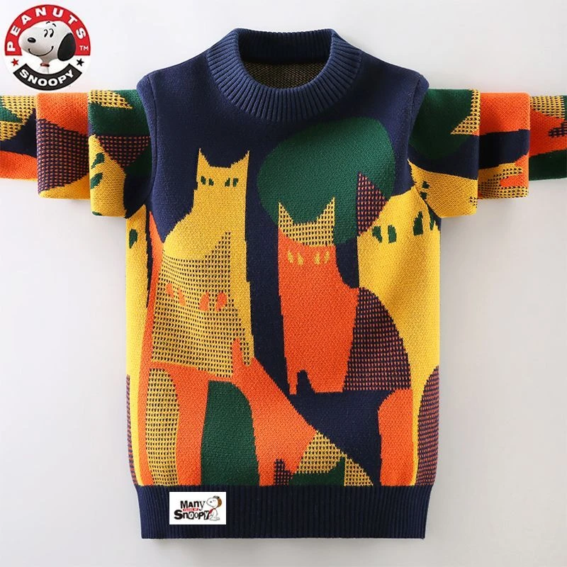 史努比男童毛衣秋冬新款中大童纯棉针织衫男孩加绒加厚圆领打底衫