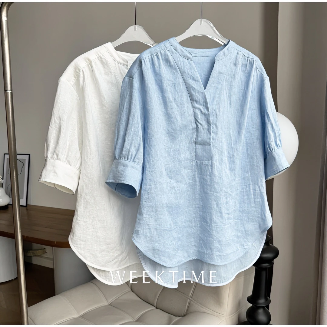 【知夏】夏季时尚百搭显瘦极简慵懒休闲气质V领亚麻短袖衬衫  86688