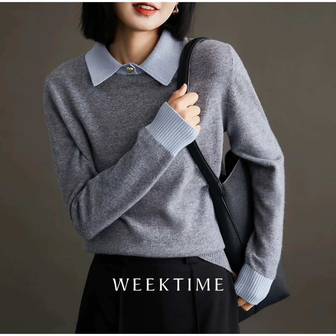 【爱的乐章】MONCHERI时尚浪漫爱心扣翻领拼色简约羊毛衫8718