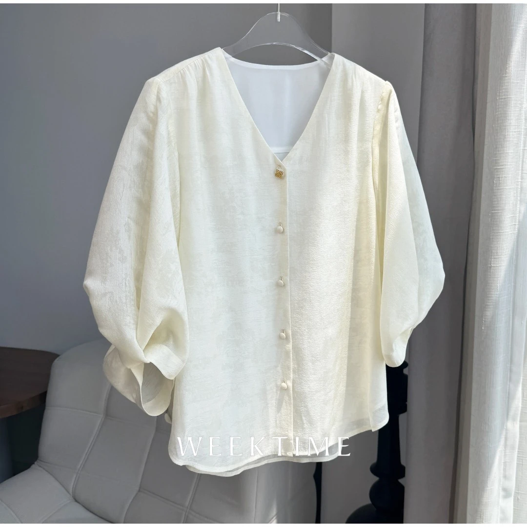 【倾城】夏季轻奢薄款宽松优雅气质立体褶皱灯笼袖天丝衬衫918D535