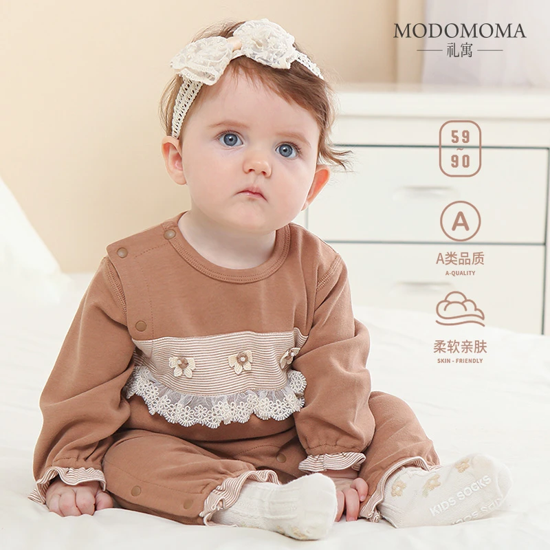 modomoma新生婴儿衣服春装公主女宝宝长袖甜美蕾丝洋气连体衣爬服