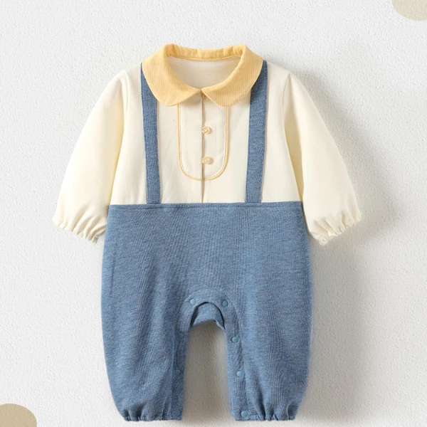 modomoma婴儿衣服春装连体衣男宝宝绅士背带假两件百天满月外出服