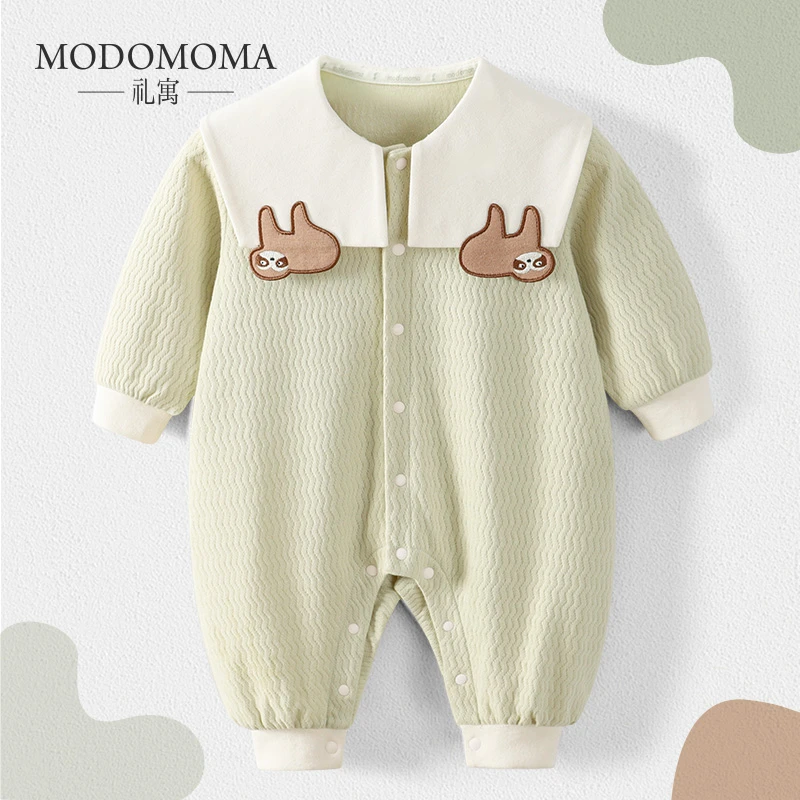 modomoma婴儿衣服春装2024新款初生男女宝棉连体衣卡通翻领爬服
