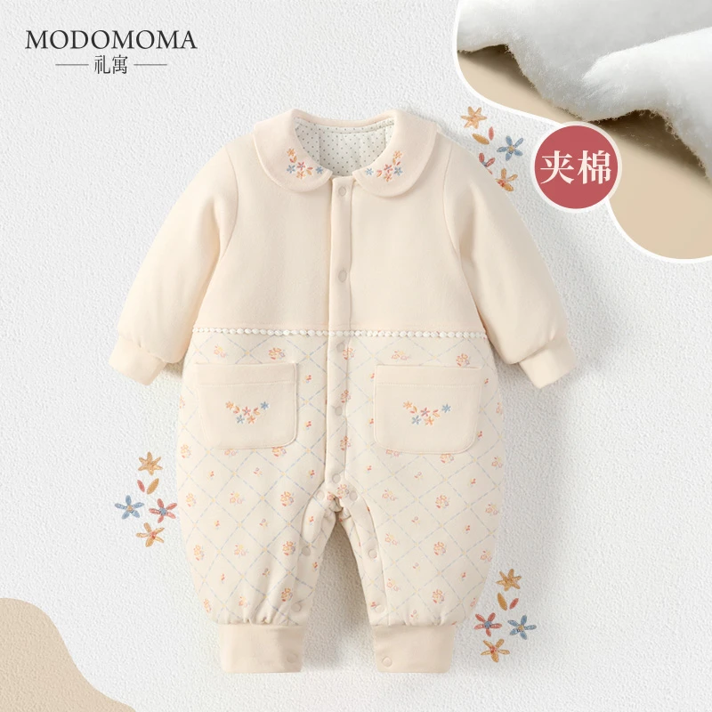 modomoma新生婴儿衣服冬装公主女宝宝保暖夹棉连体衣洋气翻领爬服