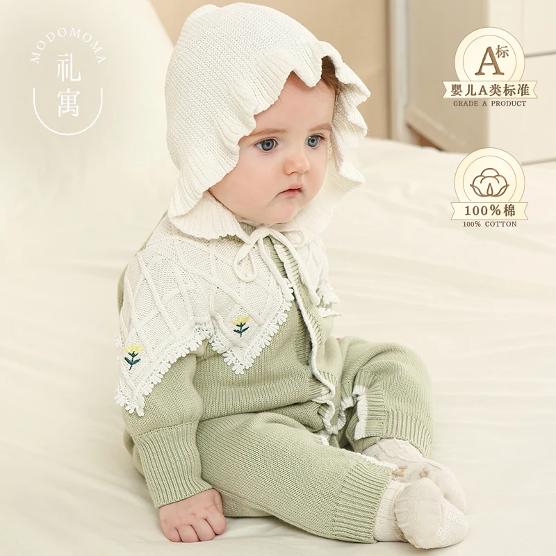 modomoma婴儿针织棉线连体衣公主女宝宝衣服花边森系毛衣爬服