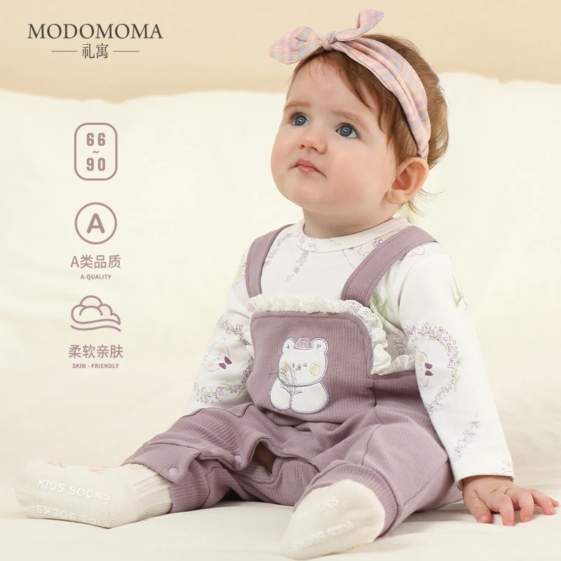 modomoma新生婴儿衣服春装公主女宝洋气粉紫花边背带长袖连体爬服