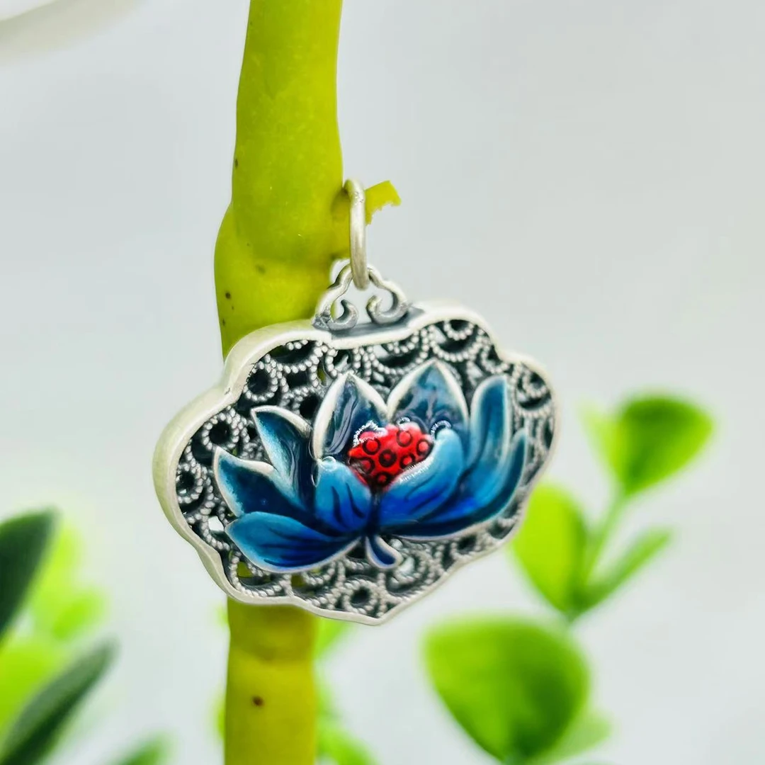 吊坠足银 足印珐琅彩蓝莲花心经吊坠时尚复古民族风掐丝烧蓝坠链