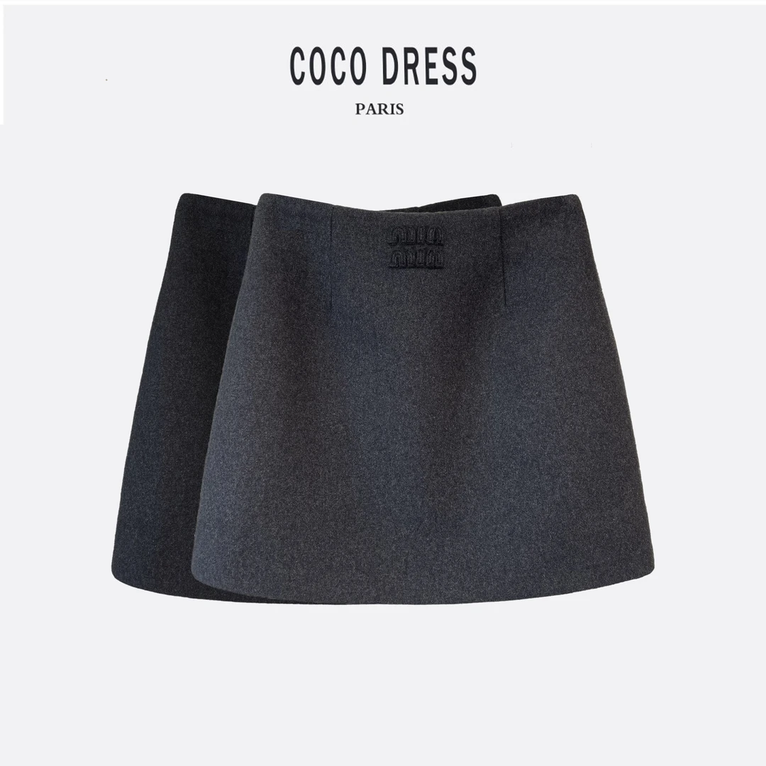 新款50羊毛毛呢腰节贴布绣加厚高腰A字秋冬半身裙（安全裤内衬）