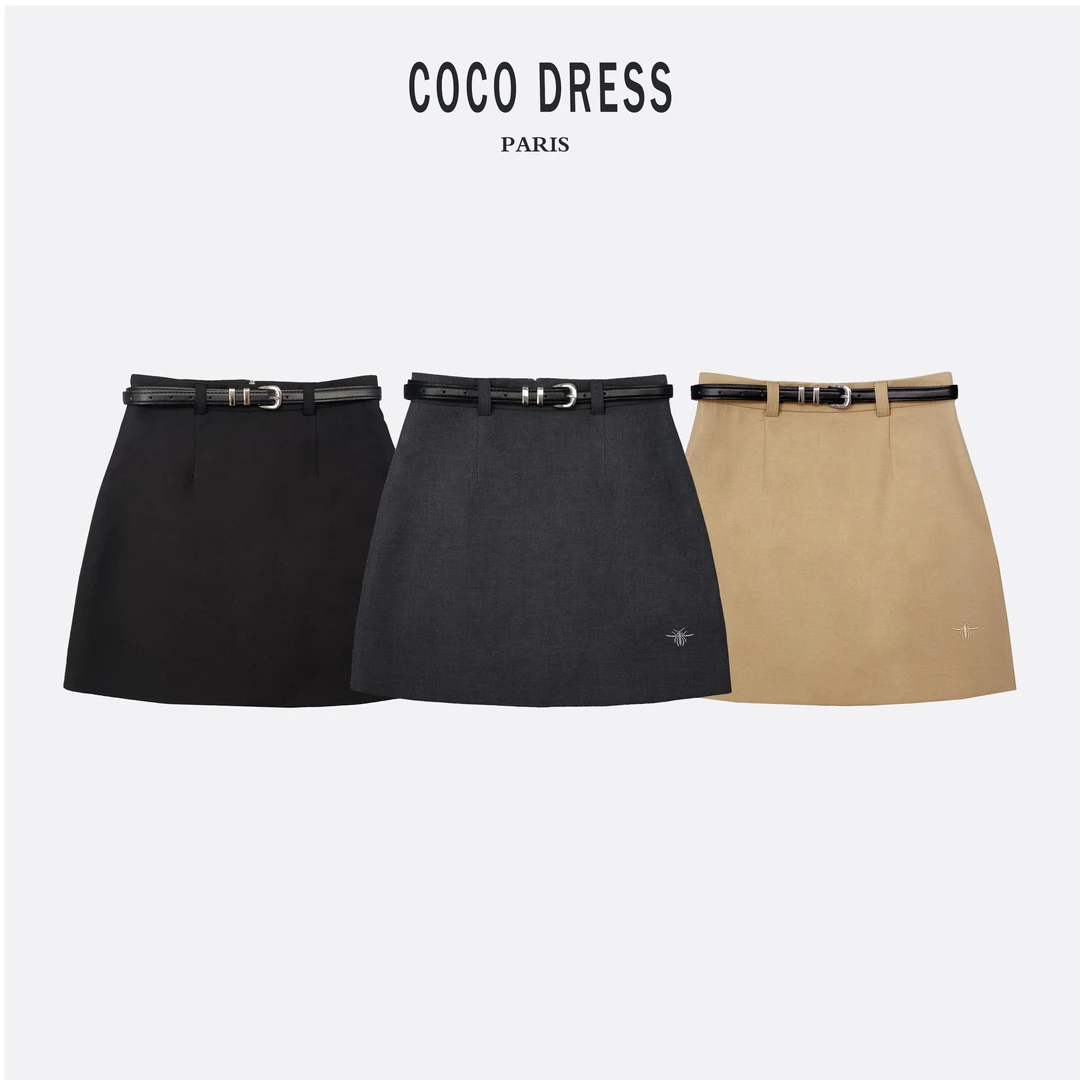 新款小蜜蜂A版腰带气质高腰简约女装半身裙（安全裤内衬）