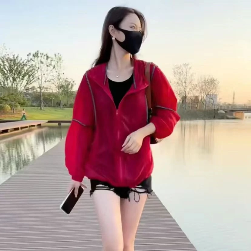{包边包条}夏季轻薄款百搭休闲户外连帽长袖透气防晒服外套女士