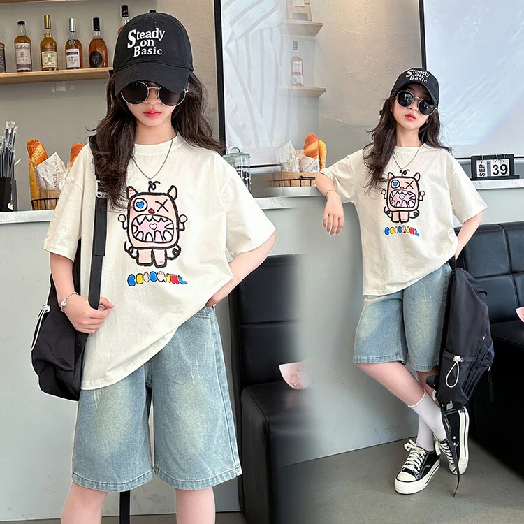 女童夏季短袖t恤套装2025新款宽松韩版夏装儿童上衣牛仔裤两件套