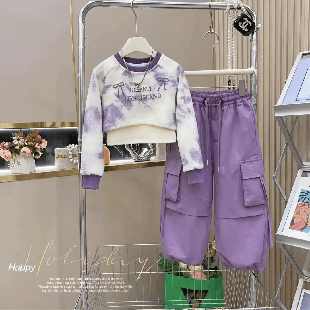 女童秋装2025新款中大童春秋潮流扎染风工装裤三件套儿童衣服