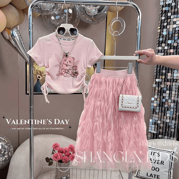 女童夏季套装2024新款抽绳短袖猫咪T恤儿童时尚洋气时髦裙子夏装