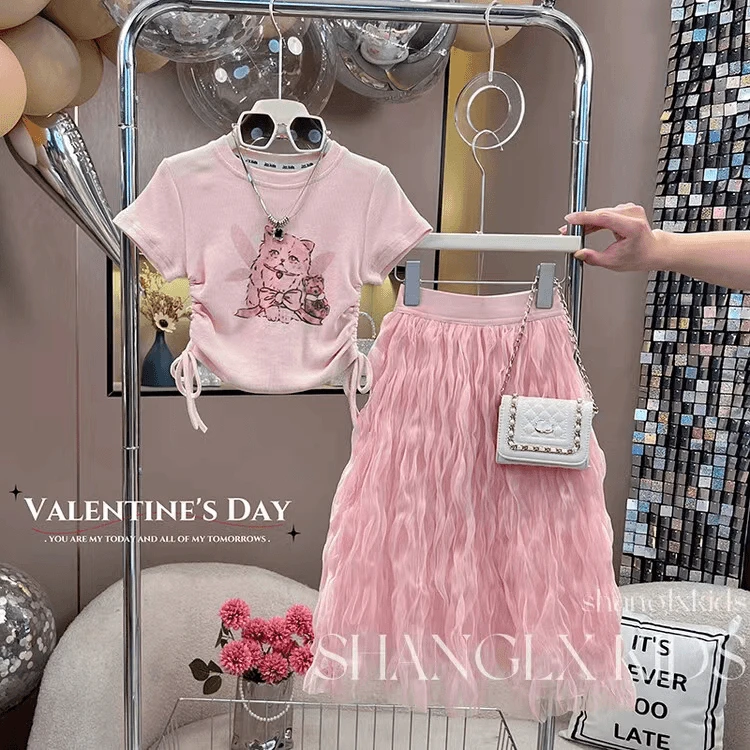 女童夏季套装2025新款抽绳短袖猫咪T恤儿童时尚洋气时髦裙子夏装