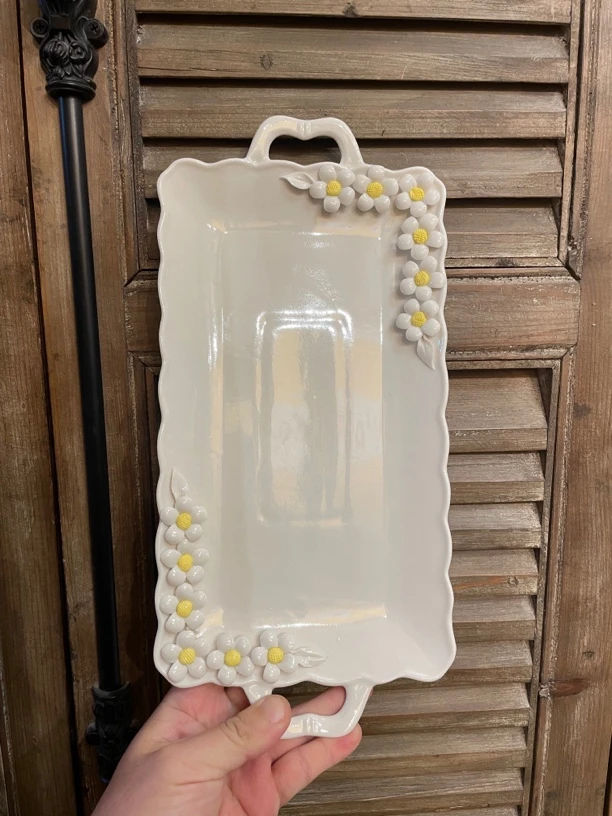 昆轩家白色雏菊双耳长盘子36厘米