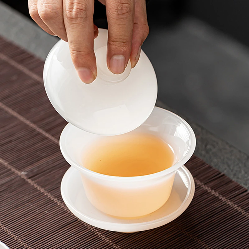 琉璃白玉盖碗大号三才盖碗茶具茶杯琉璃盖碗单个家用德化县泡茶碗