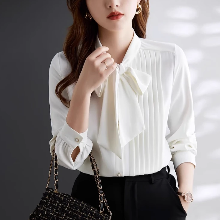 6689春季新品系带长袖衬衫蝴蝶结领不规则设计感洋气时尚