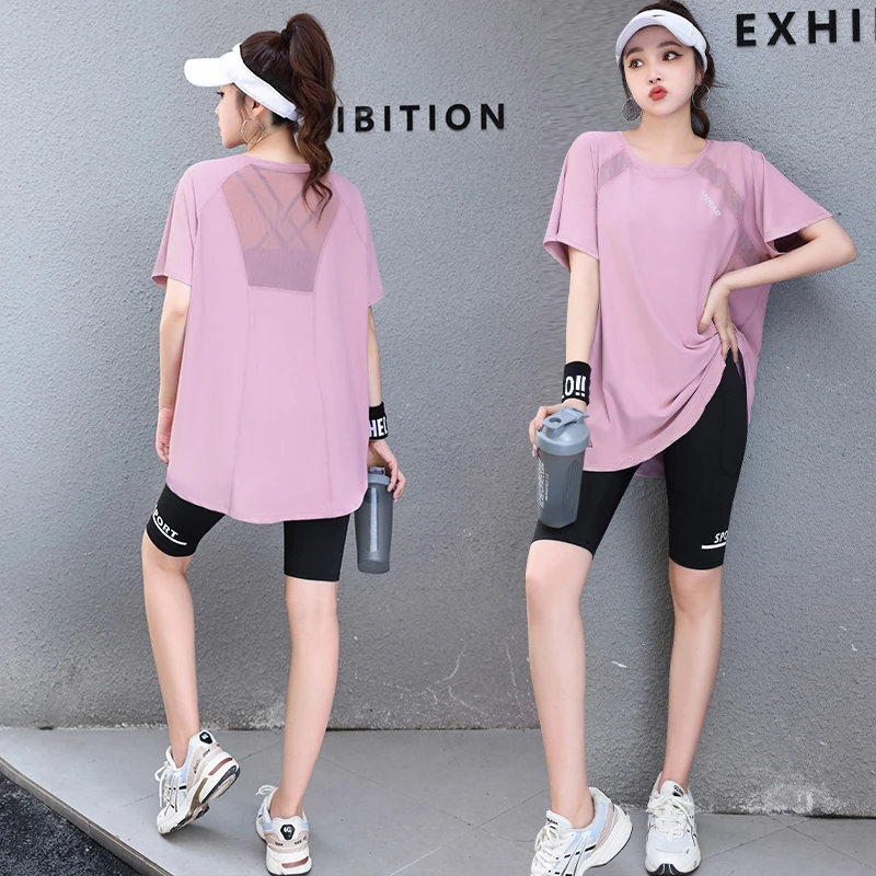大码网纱瑜伽服夏季薄款短袖速干运动服套装女跑步运动套装女晨跑