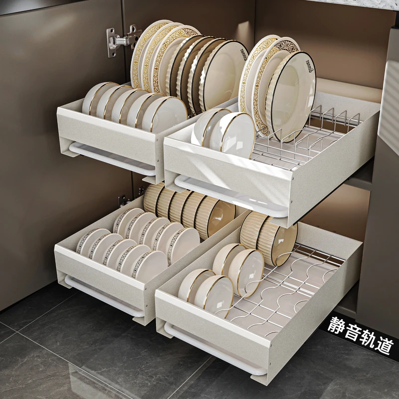 不锈钢碗碟收纳架橱柜拉篮抽屉式内置沥水碗盘架厨房置物架放碗架