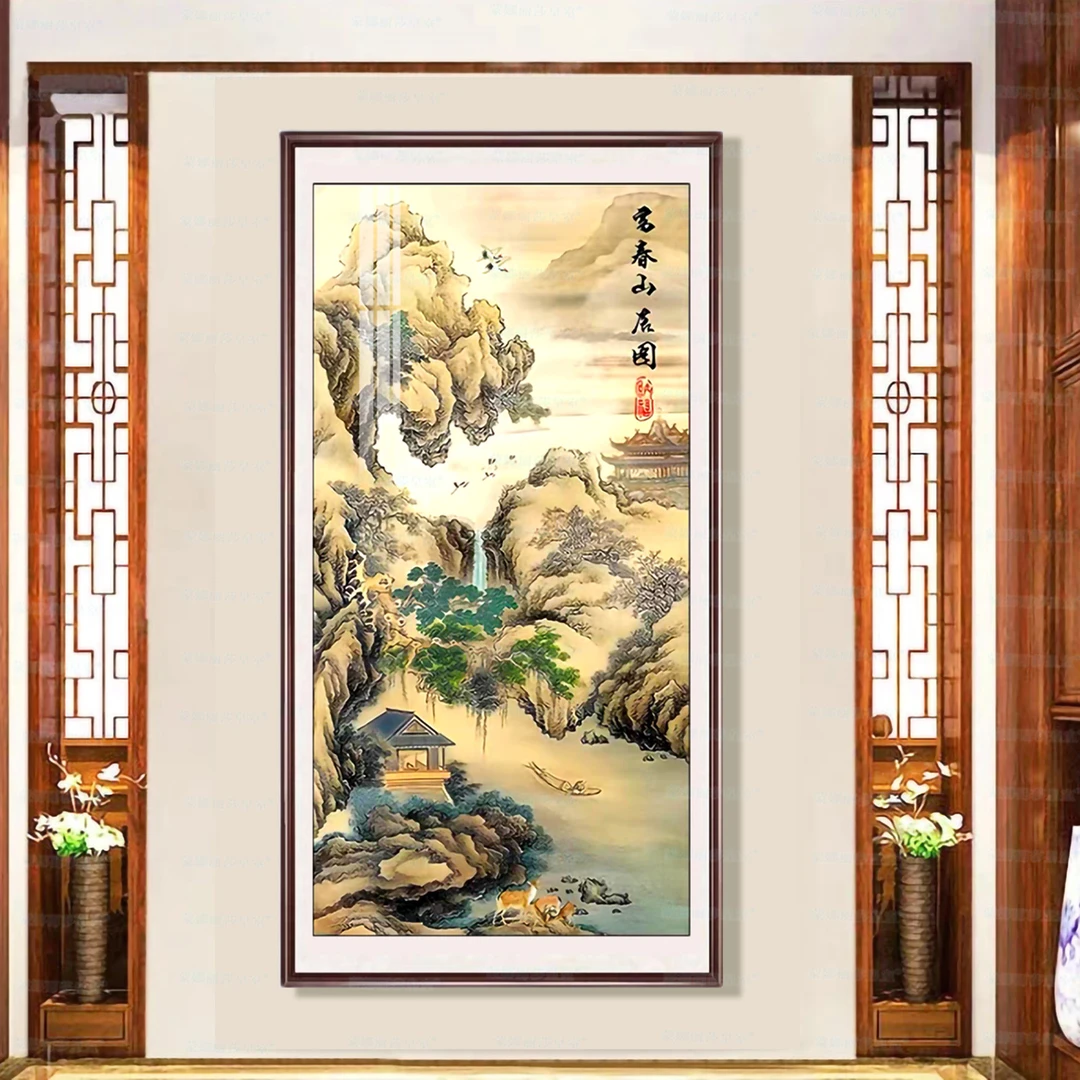 蒙娜丽莎皇室十字绣 富春山居图竖版 古绢布新款中式客厅玄关线绣