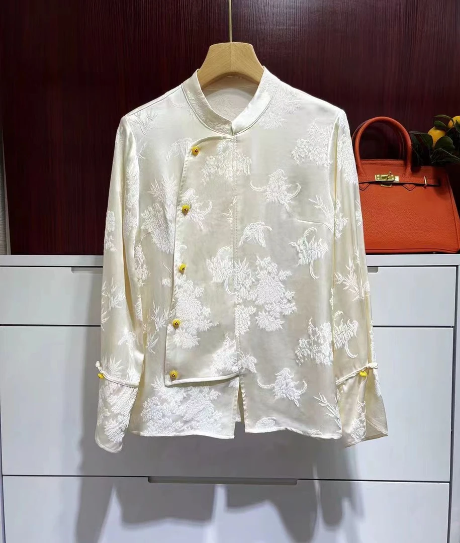 新中式国风复古真丝提花衬衫女女2023秋季新款桑蚕丝长袖盘扣上衣