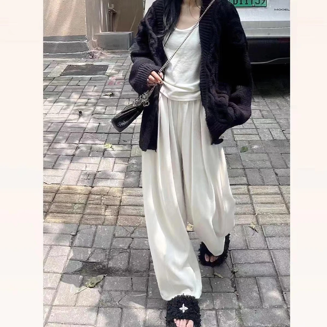山本慵懒风针织休闲阔腿裤女裤白色百搭高腰宽松小个子显瘦遛弯裤