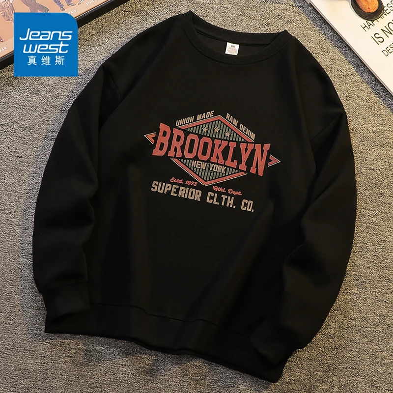 Jeanswest/真维斯男生休闲长袖卫衣秋冬潮流圆领宽松百搭印花上衣