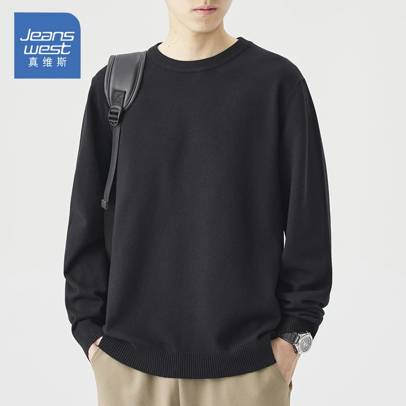 Jeanswest/真维斯简约加绒毛衣男款秋冬季修身百搭休闲圆领针织衫