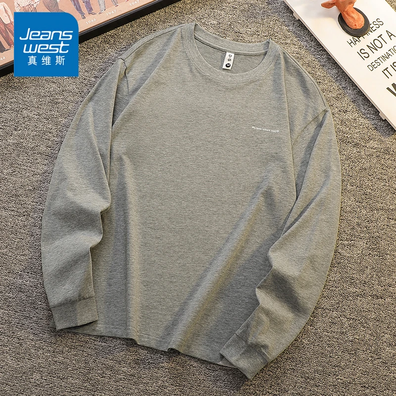 Jeanswest/真维斯男士纯棉长袖T恤春秋季宽松圆领百搭简约上衣男