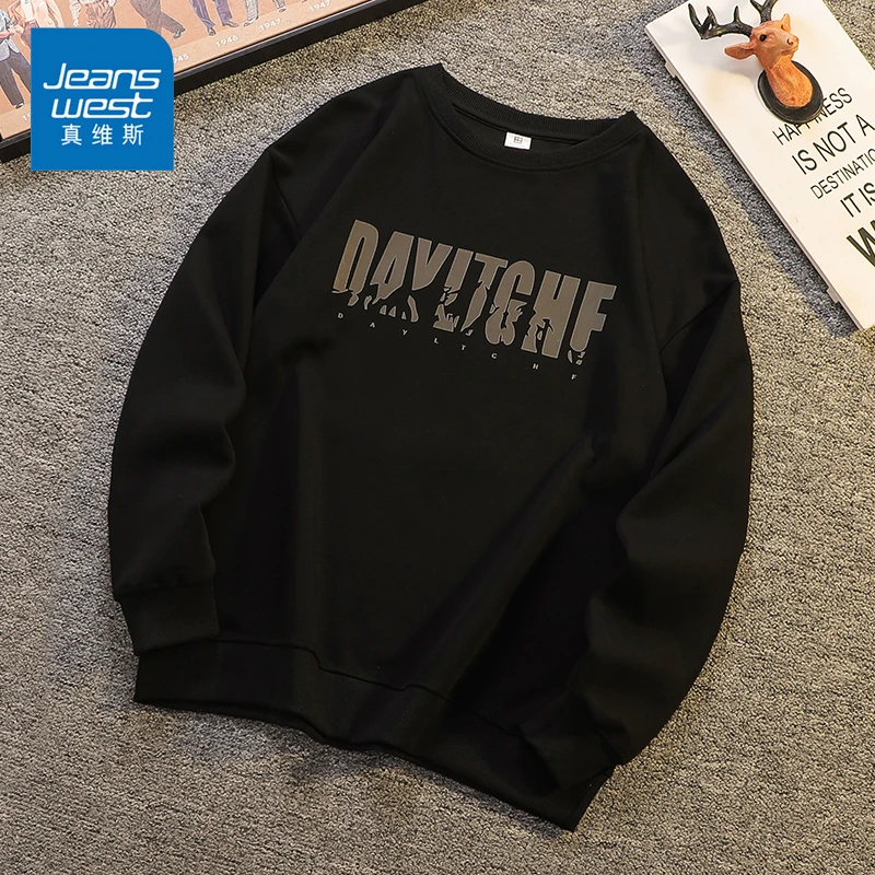 Jeanswest/真维斯男款印花长袖卫衣秋冬美式宽松潮牌百搭上衣服男