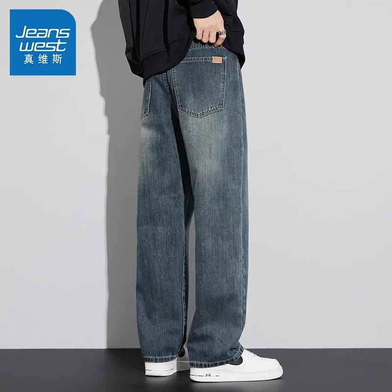 Jeanswest/真维斯复古男士牛仔裤秋冬加绒潮牌百搭宽松直筒长裤子