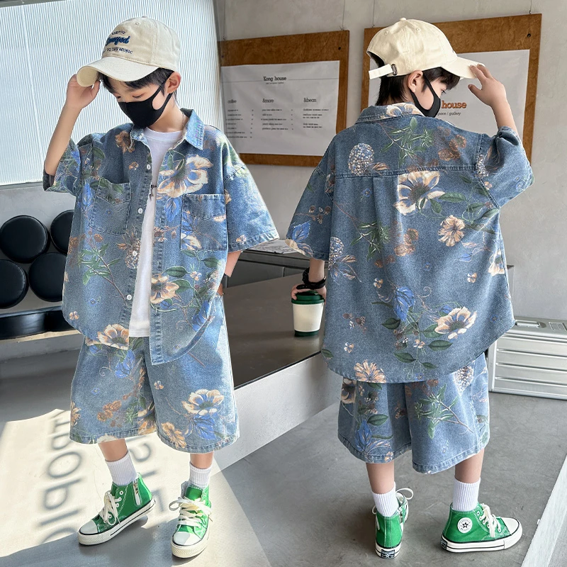 男童夏装短袖衬衫牛仔套装2024新款儿童夏季潮酷帅气时髦大童夏款