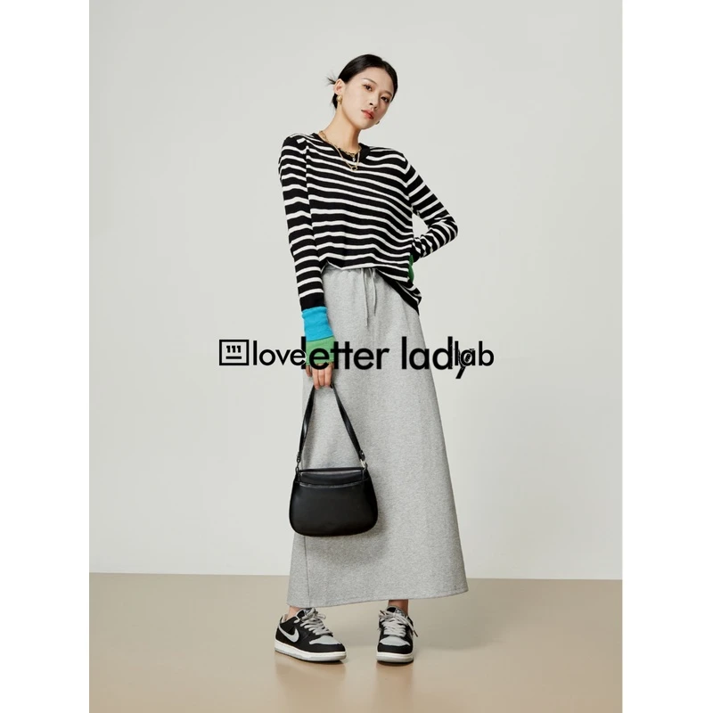 周里物早春撞色条纹显瘦针织打底衫长袖正肩设计感上衣