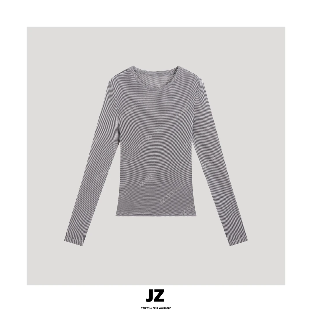 金子/JZ SO MUCH【复古圆领迷你条纹T恤】2025春夏天丝羊毛条纹上衣