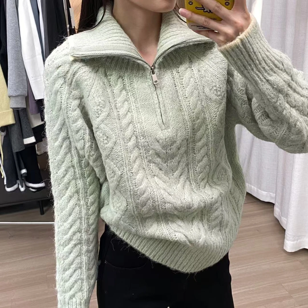 半拉链设计感复古慵懒风麻花高领毛衣-阿凯自制HF 9040