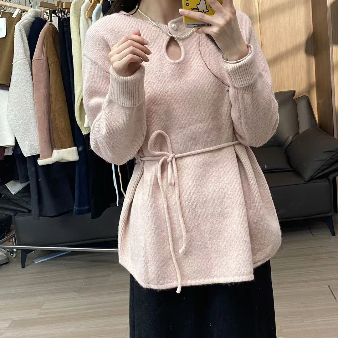 慵懒系带收腰中长款毛衣-阿凯自制HF 7152