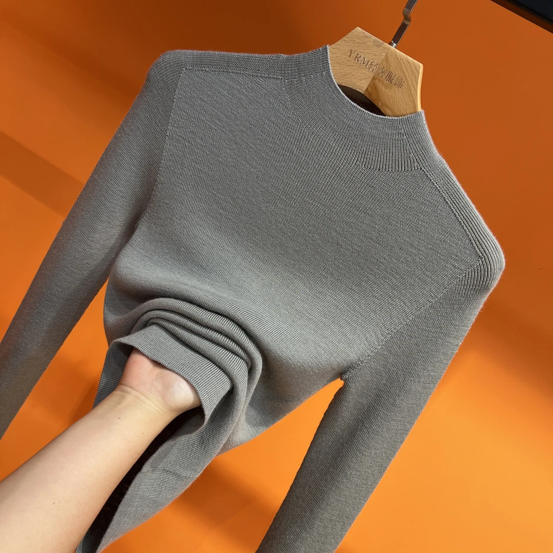 2024早秋新款气质修身百搭轻奢女款半高领长袖精纺100%羊毛衫