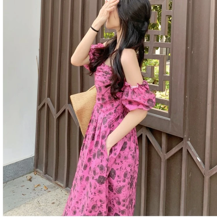 《清仓不退换》弗洛伊德玫瑰抹胸显瘦小码女装吊带玫红色裙子