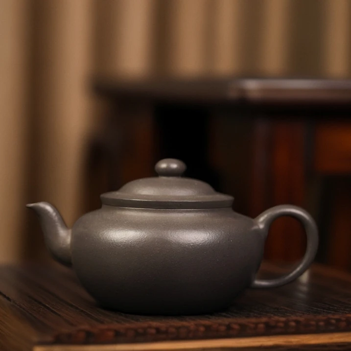 【半古斋 | 扁韵】宜兴紫砂 朱旺 手工紫砂壶 天青泥 170cc 茶具