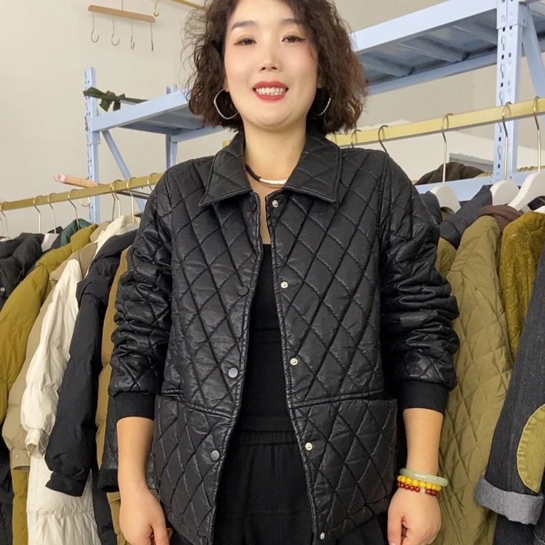 8640翻领单排扣宽松休闲百搭珩棉皮外套