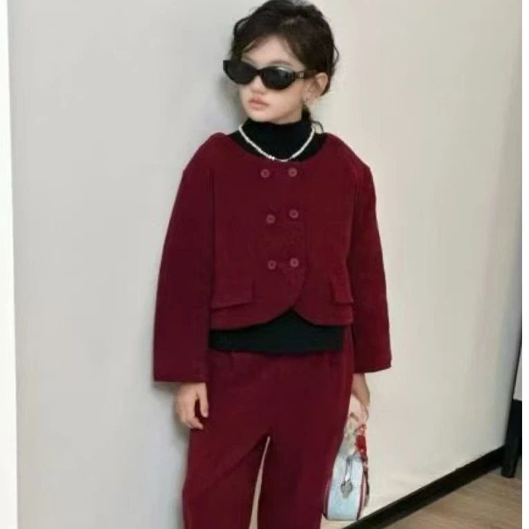 （6071）女童时尚洋气上衣短款+长裤套装