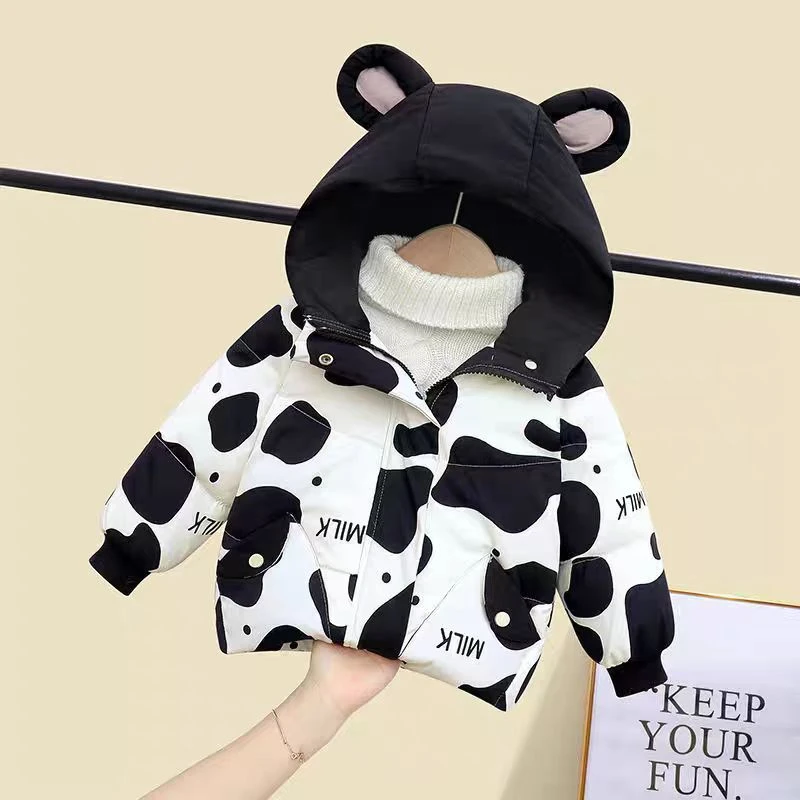 （1627）秋冬款儿童时尚奶牛花型连帽外套