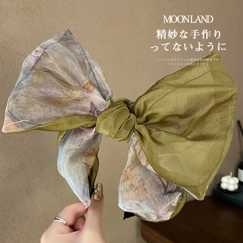 韩式高级感网纱蝴蝶结发箍女时尚气质高颅顶印花宽边头箍发捆发饰