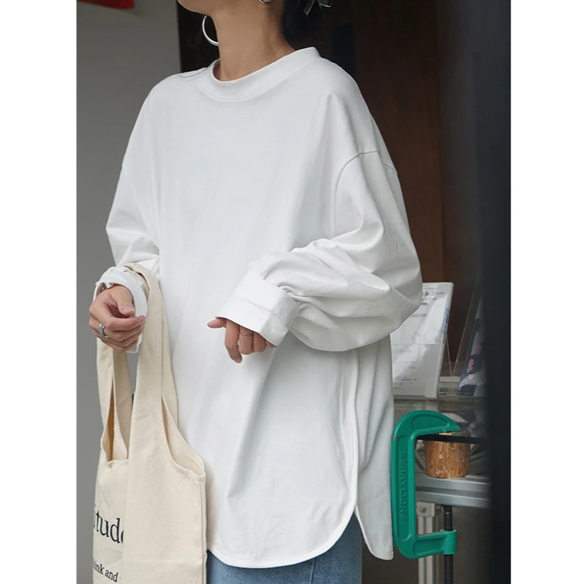 基础纯色百搭圆领长袖宽松T恤休闲衬衫