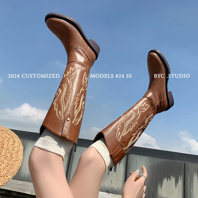 4cm牛皮西部靴胖mm长靴复古马丁靴粗腿大筒围长筒靴骑士靴7028