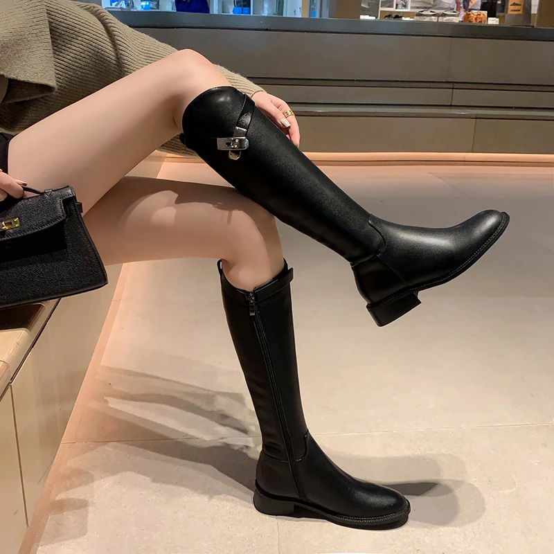 3cm|牛皮斜口骑士靴胖mm时装女靴显瘦高筒靴百搭大筒围长筒靴691A