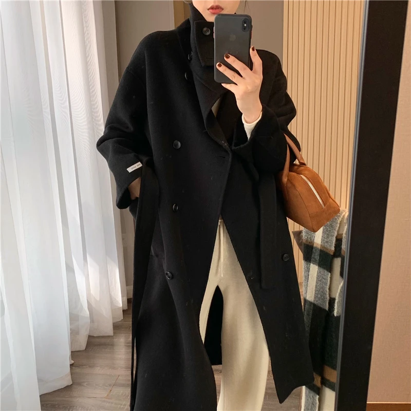 秋冬2024新款韩版百搭中长款立领双排扣腰带大衣宽松外套赫本风