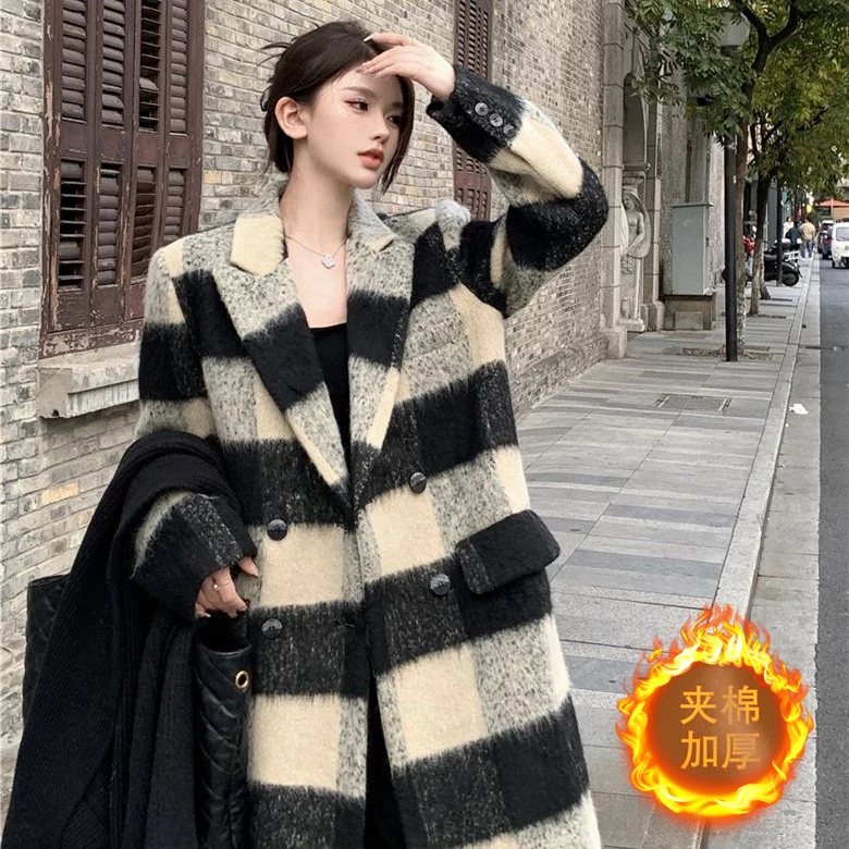 复古气质韩系高级设计感毛呢外套格子中长款呢大衣女秋冬2024新款